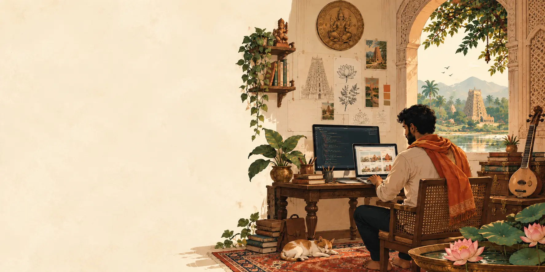 Illustration of Rohit at a wooden desk with a monitor and laptop, in a room with temple sketches, plants and a sleeping cat.