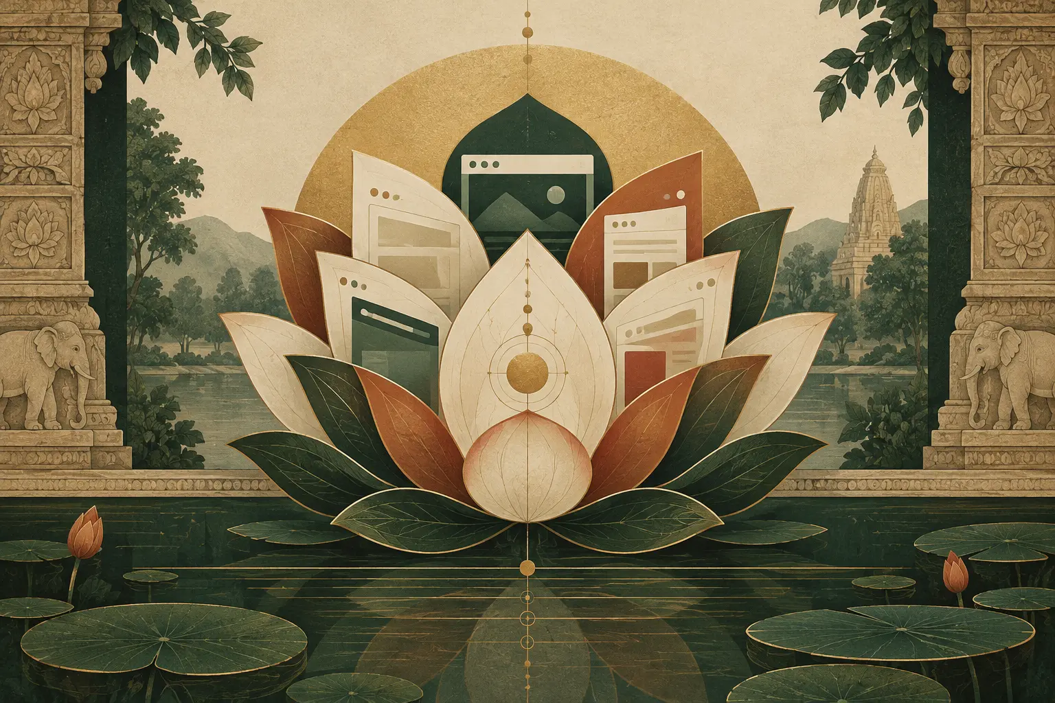 A lotus whose petals are browser windows, set between carved temple pillars.