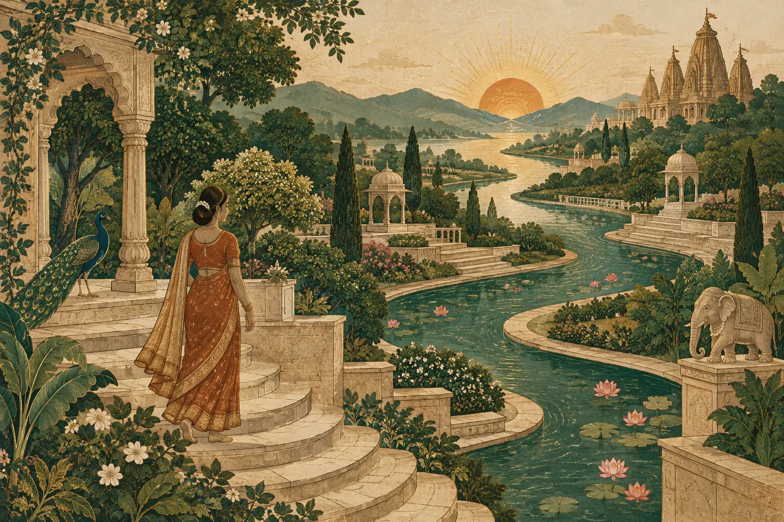 A woman in a sari walking down garden steps towards a winding river and temples.