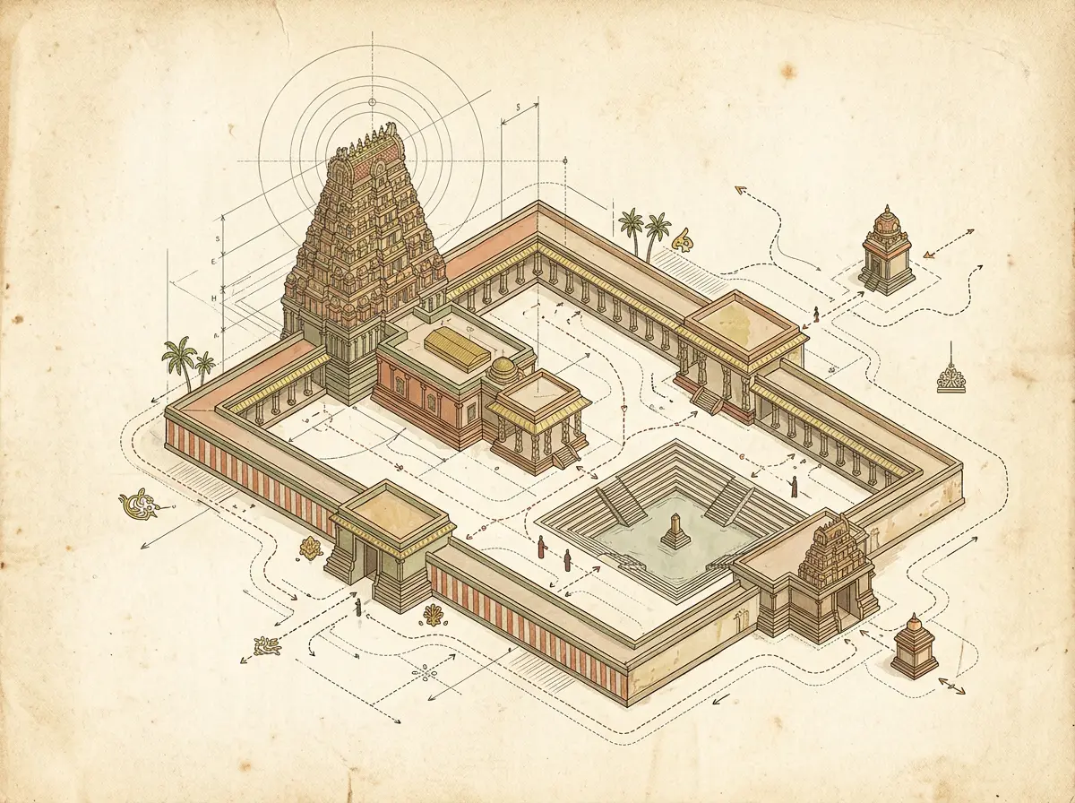 An architectural sketch of a temple complex.