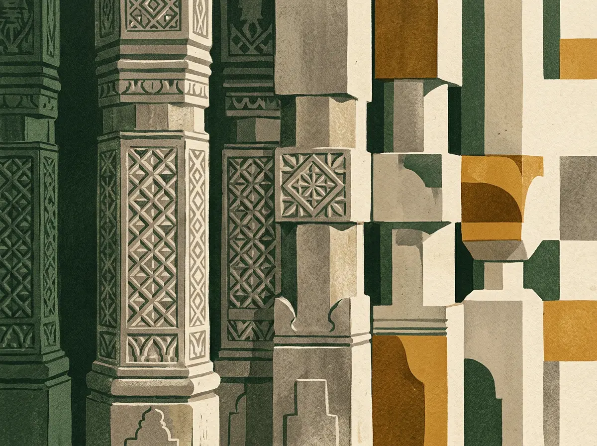 Carved stone and textile patterns laid side by side.