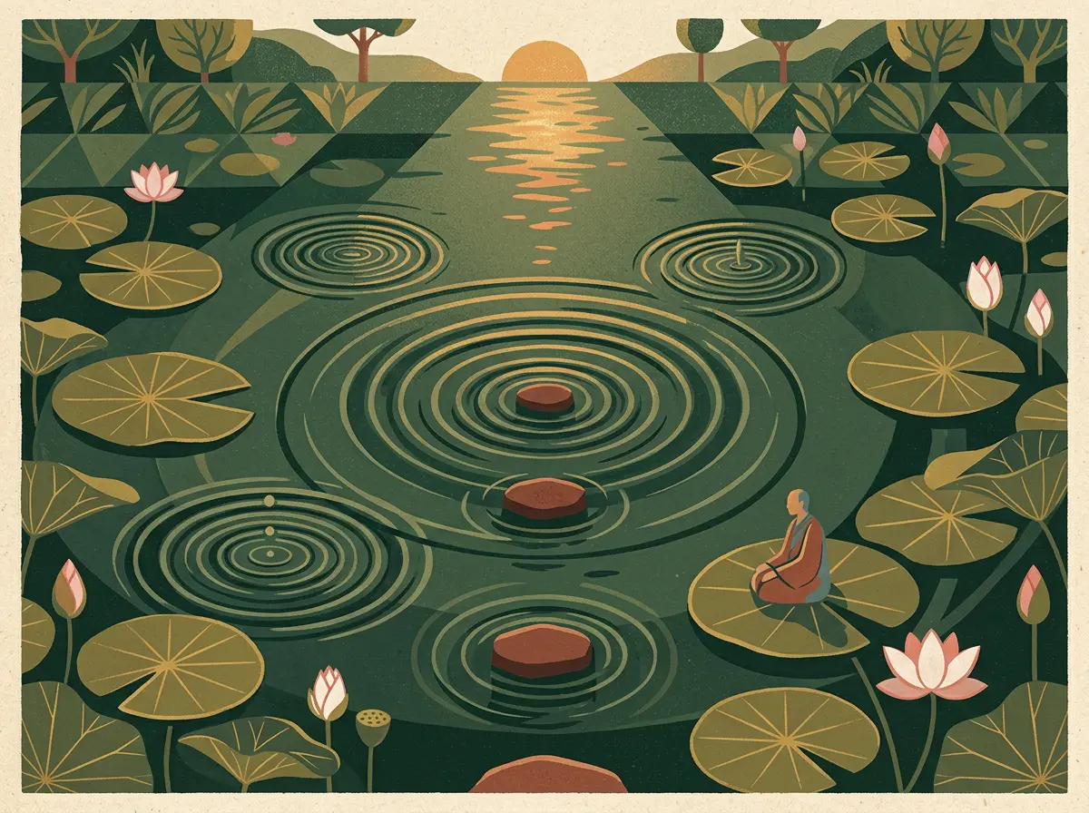 Ripples spreading across a lotus pond.