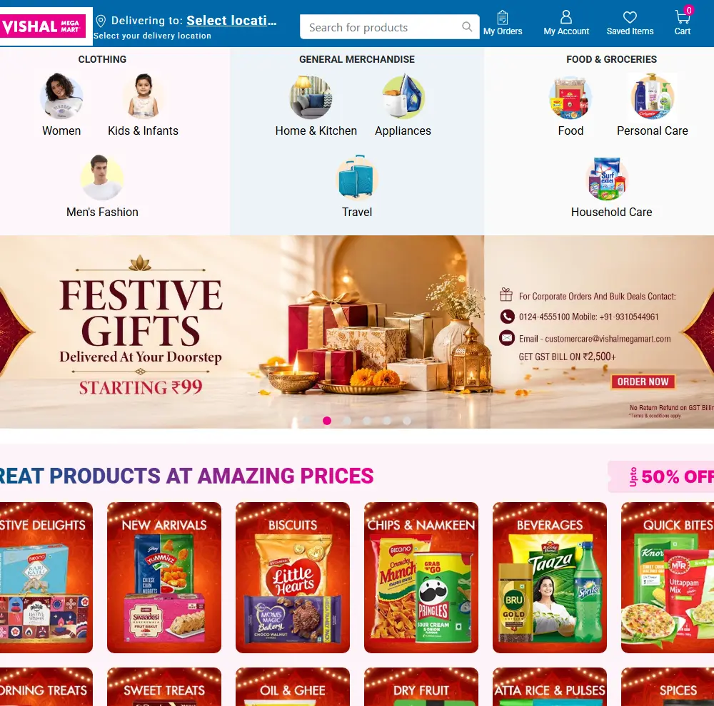 Vishal Mega Mart online store homepage, with clothing, home and grocery categories and a festive gifts banner.